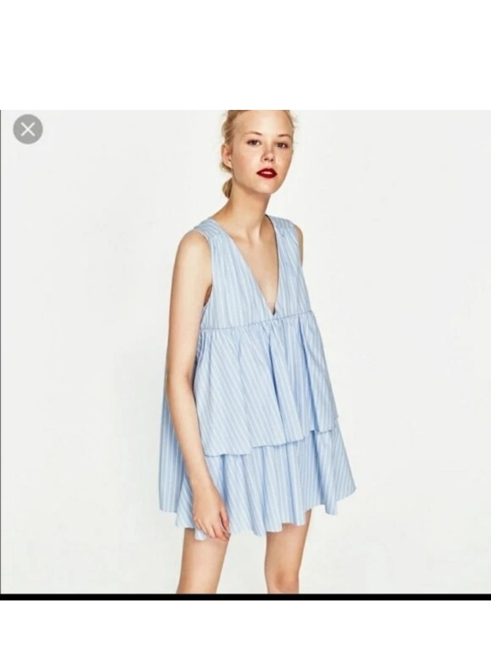 Zara Babydoll Light Blue Tiered V-Neck Mini Dress Hidden Romper Size S